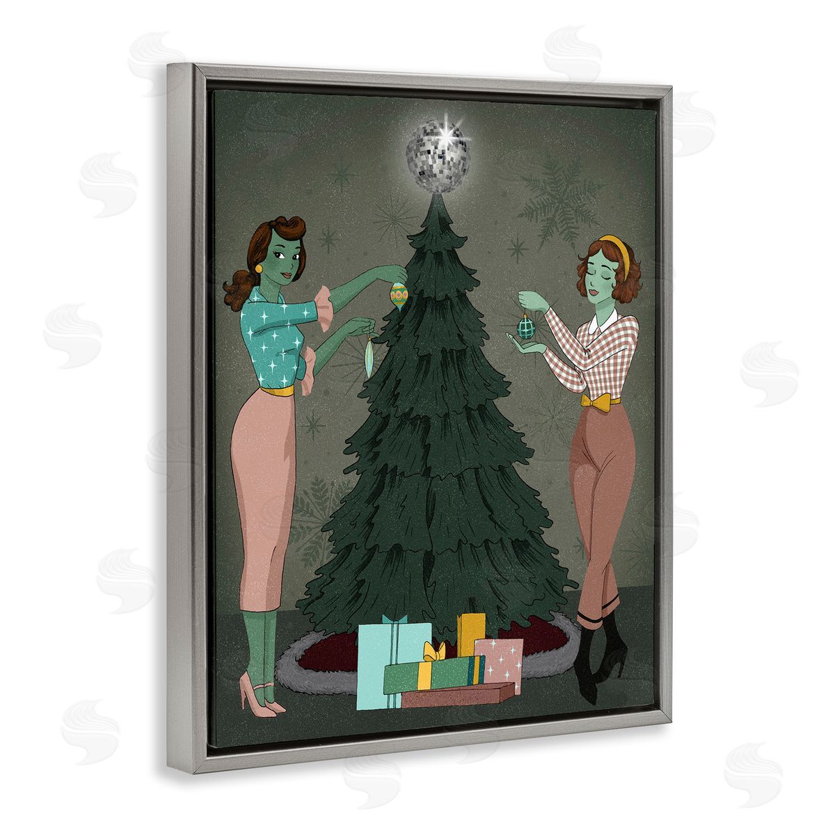 Girls and Christmas Tree Grey Floating Frame Canvas Wall Art, Home Decor by Grace Popp
