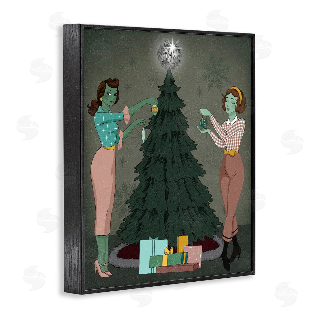 Girls and Christmas Tree Black Frame Print Wall Art, Home Decor by Grace Popp