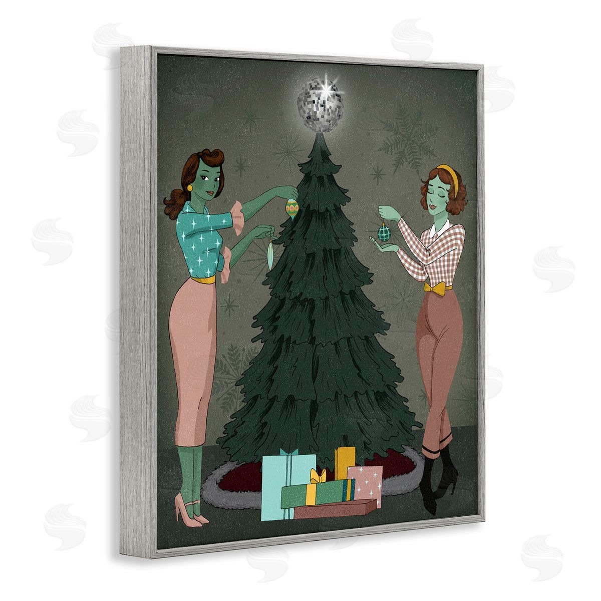 Girls and Christmas Tree Grey Frame Print Wall Art, Home Decor by Grace Popp
