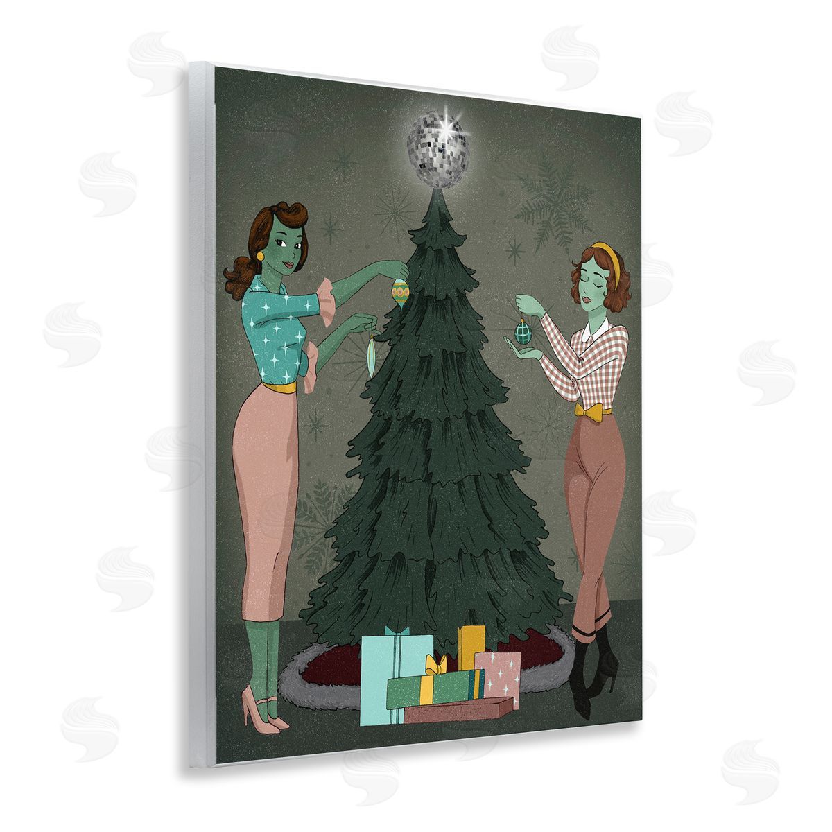 Girls and Christmas Tree Wood Plaque Wall Art, Home Decor by Grace Popp