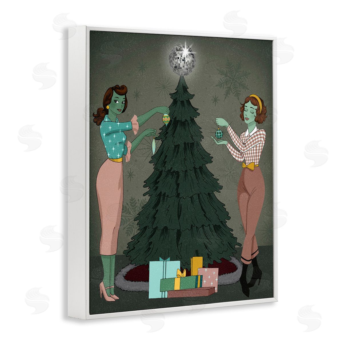 Girls and Christmas Tree White Frame Print Wall Art, Home Decor by Grace Popp