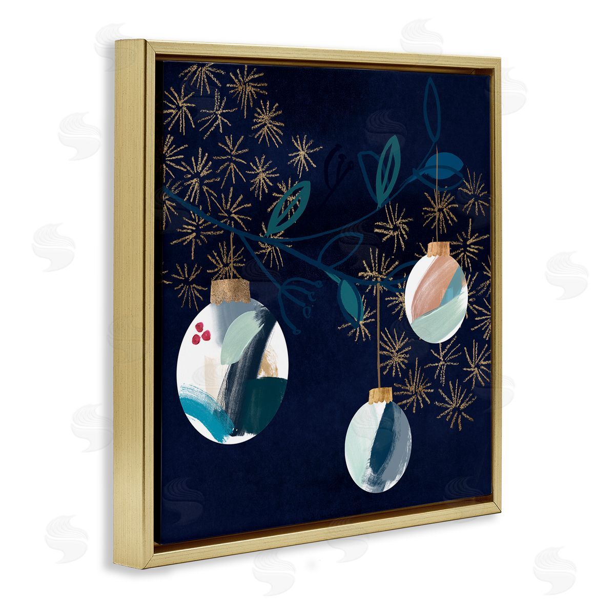 Hanging Christmas Orbs Gold Floating Frame Canvas Wall Art, Home Decor by Jennifer Paxton Parker