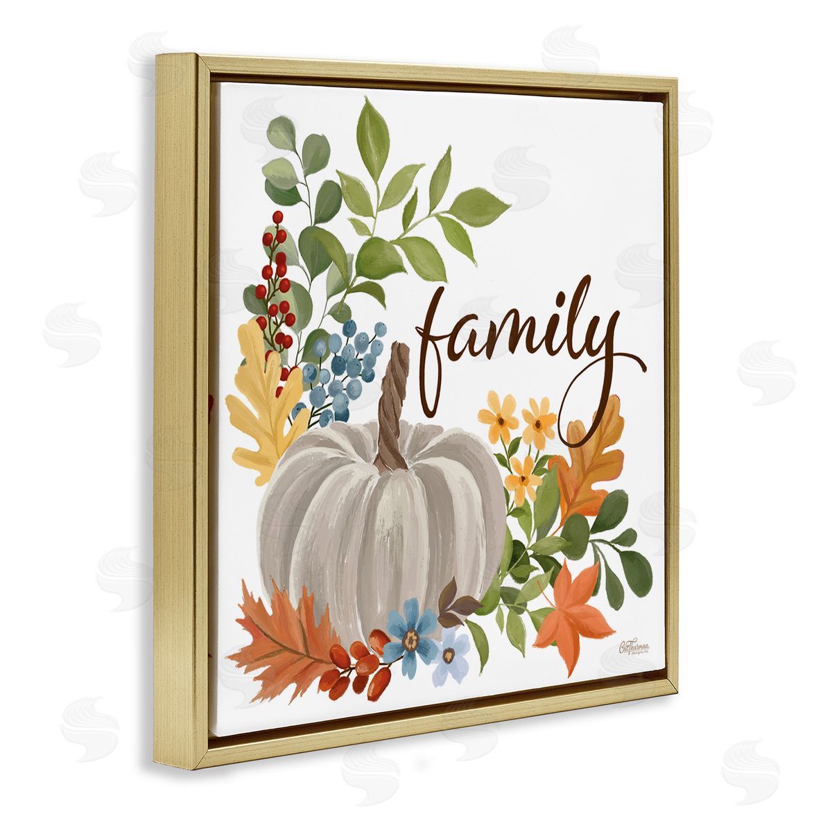 Autumnal Family Pumpkin Gold Floating Frame Canvas Wall Art, Home Decor by Cat Thurman Designs