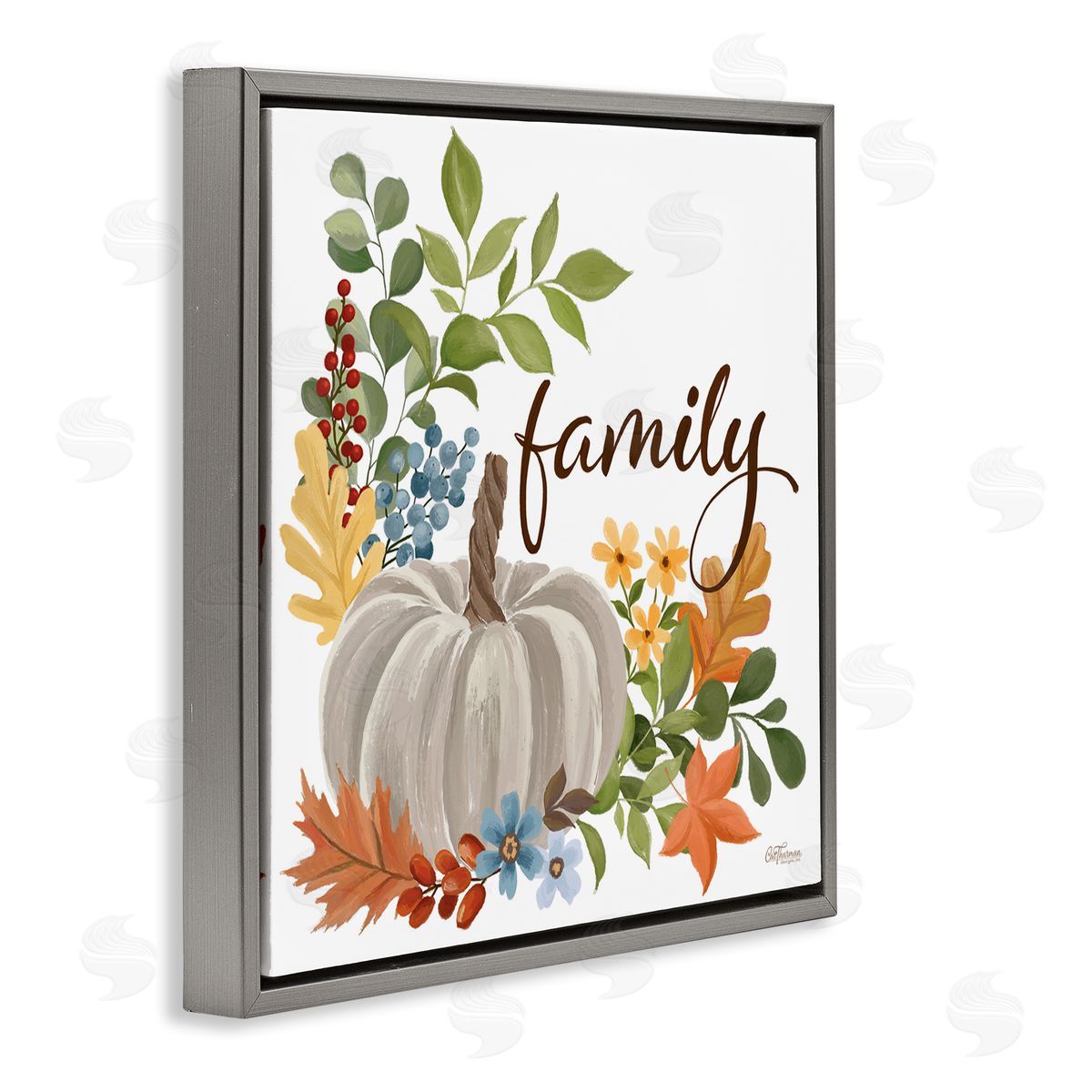 Autumnal Family Pumpkin Grey Floating Frame Canvas Wall Art, Home Decor by Cat Thurman Designs