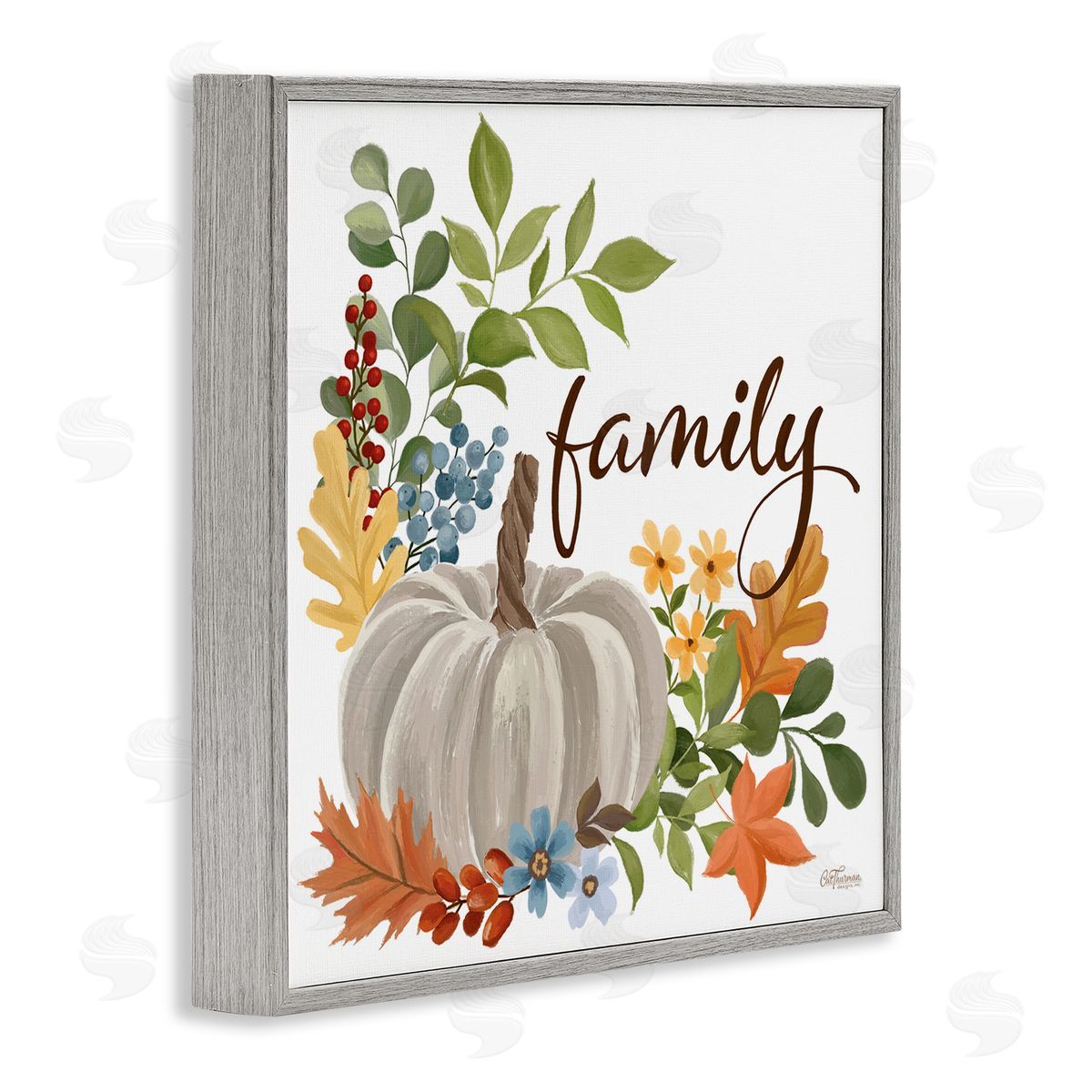 Autumnal Family Pumpkin Grey Frame Print Wall Art, Home Decor by Cat Thurman Designs