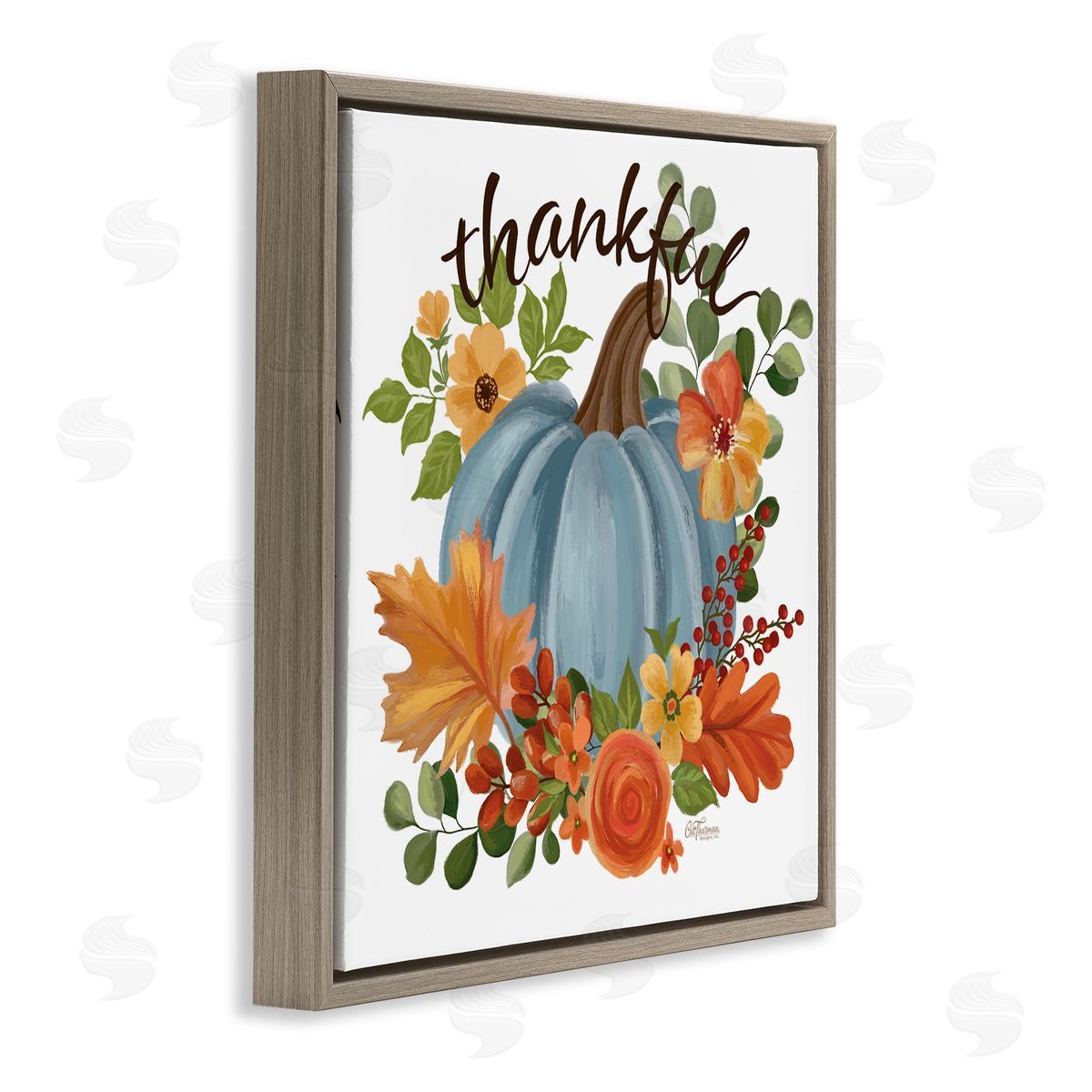 Autumnal Thankful Pumpkin Brown Floating Frame Canvas Wall Art, Home Decor by Cat Thurman Designs
