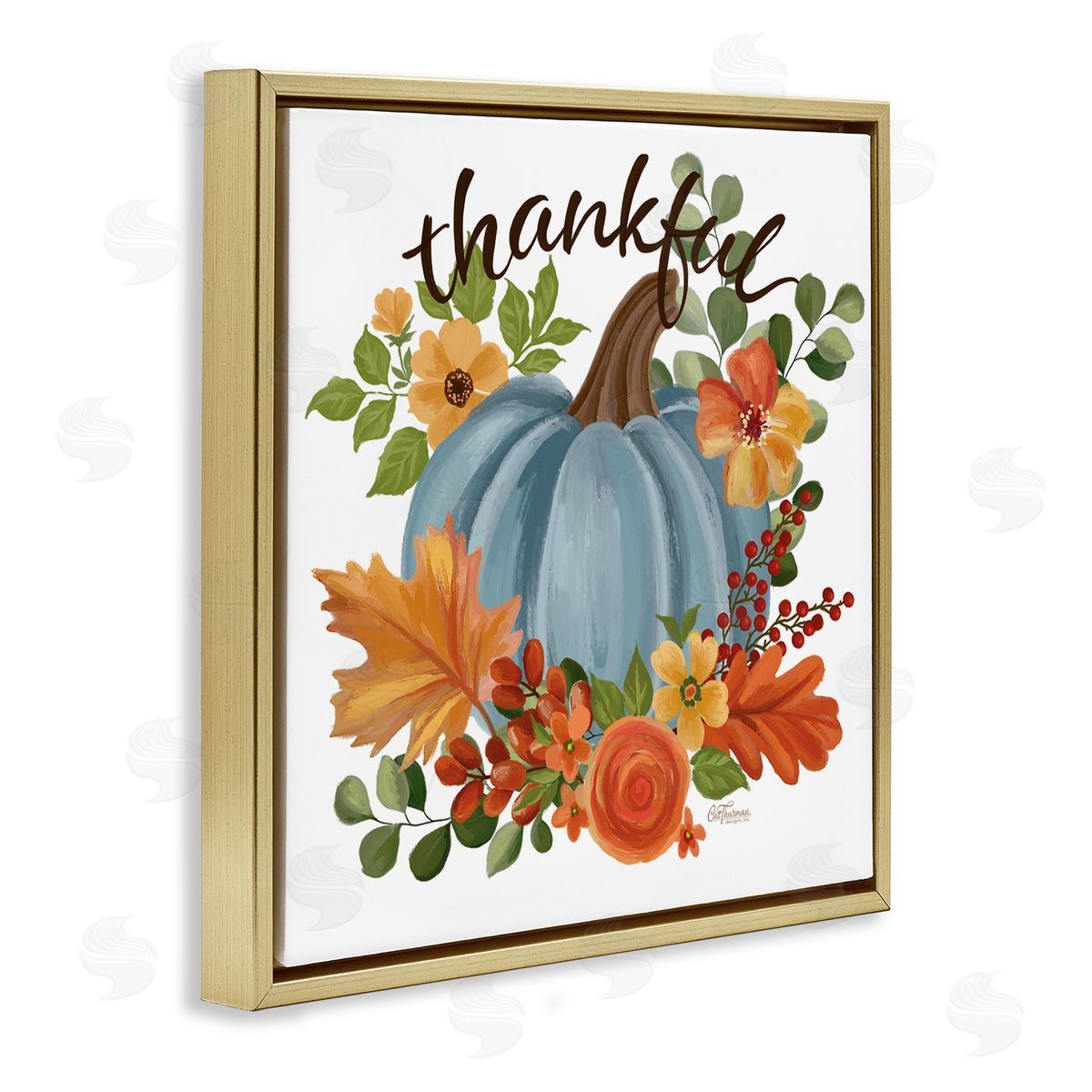 Autumnal Thankful Pumpkin Gold Floating Frame Canvas Wall Art, Home Decor by Cat Thurman Designs