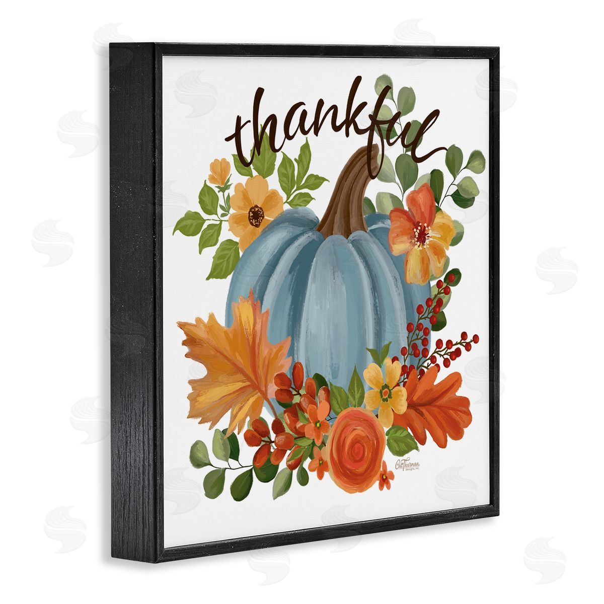 Autumnal Thankful Pumpkin Black Frame Print Wall Art, Home Decor by Cat Thurman Designs