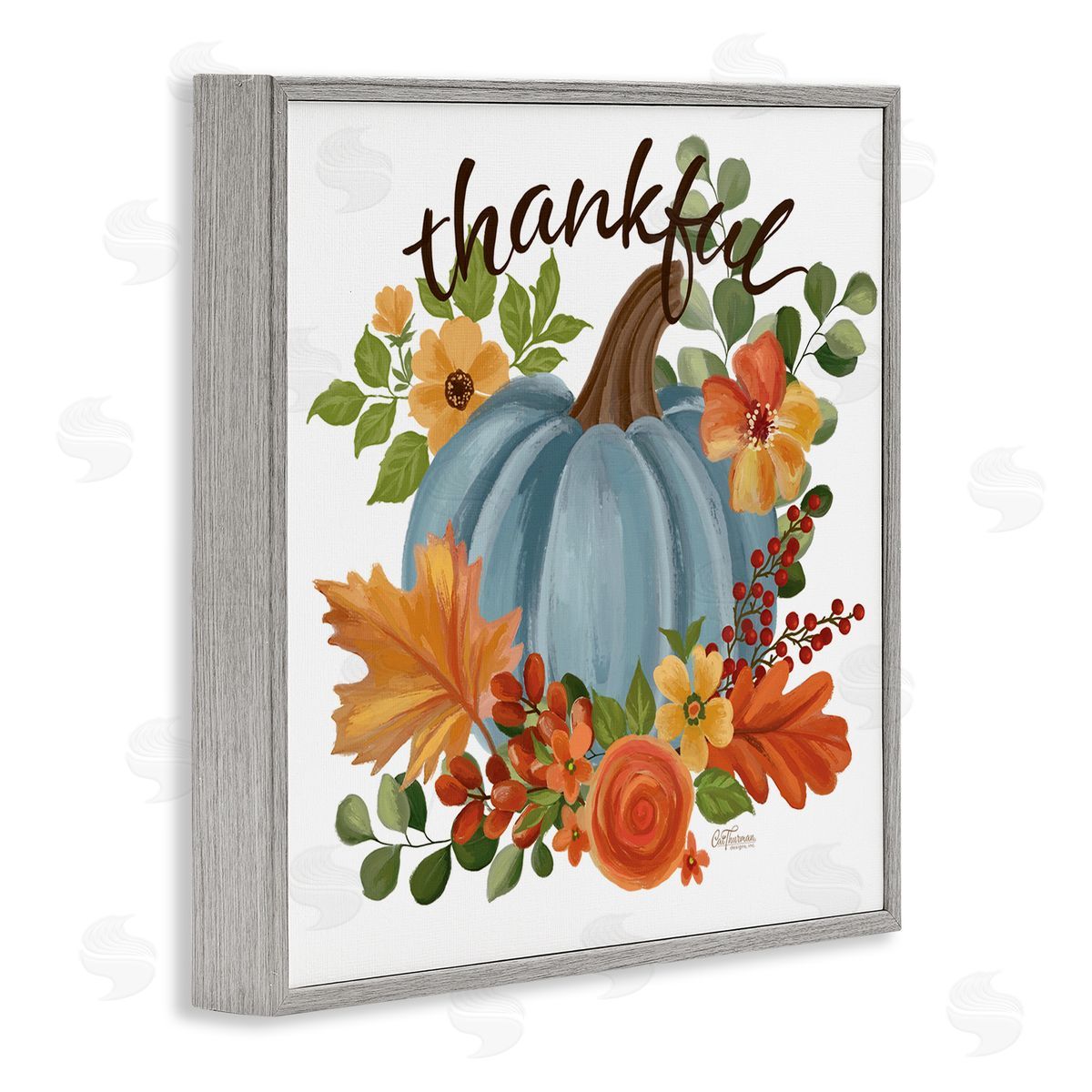 Autumnal Thankful Pumpkin Grey Frame Print Wall Art, Home Decor by Cat Thurman Designs