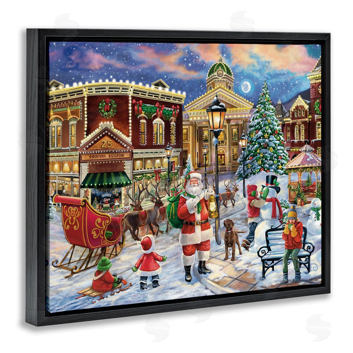 Santa in Town Square Black Floating Frame Canvas Wall Art, Home Decor by Grateful Licensing Studio