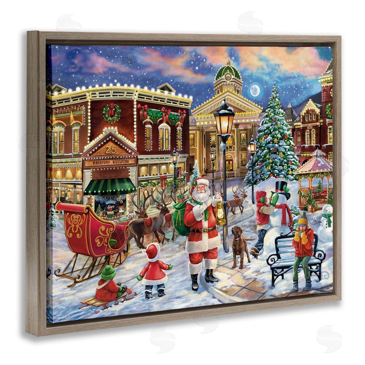 Santa in Town Square Brown Floating Frame Canvas Wall Art, Home Decor by Grateful Licensing Studio
