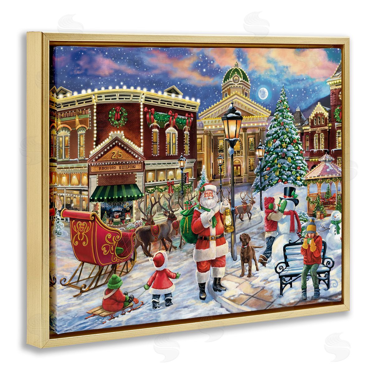 Santa in Town Square Gold Floating Frame Canvas Wall Art, Home Decor by Grateful Licensing Studio
