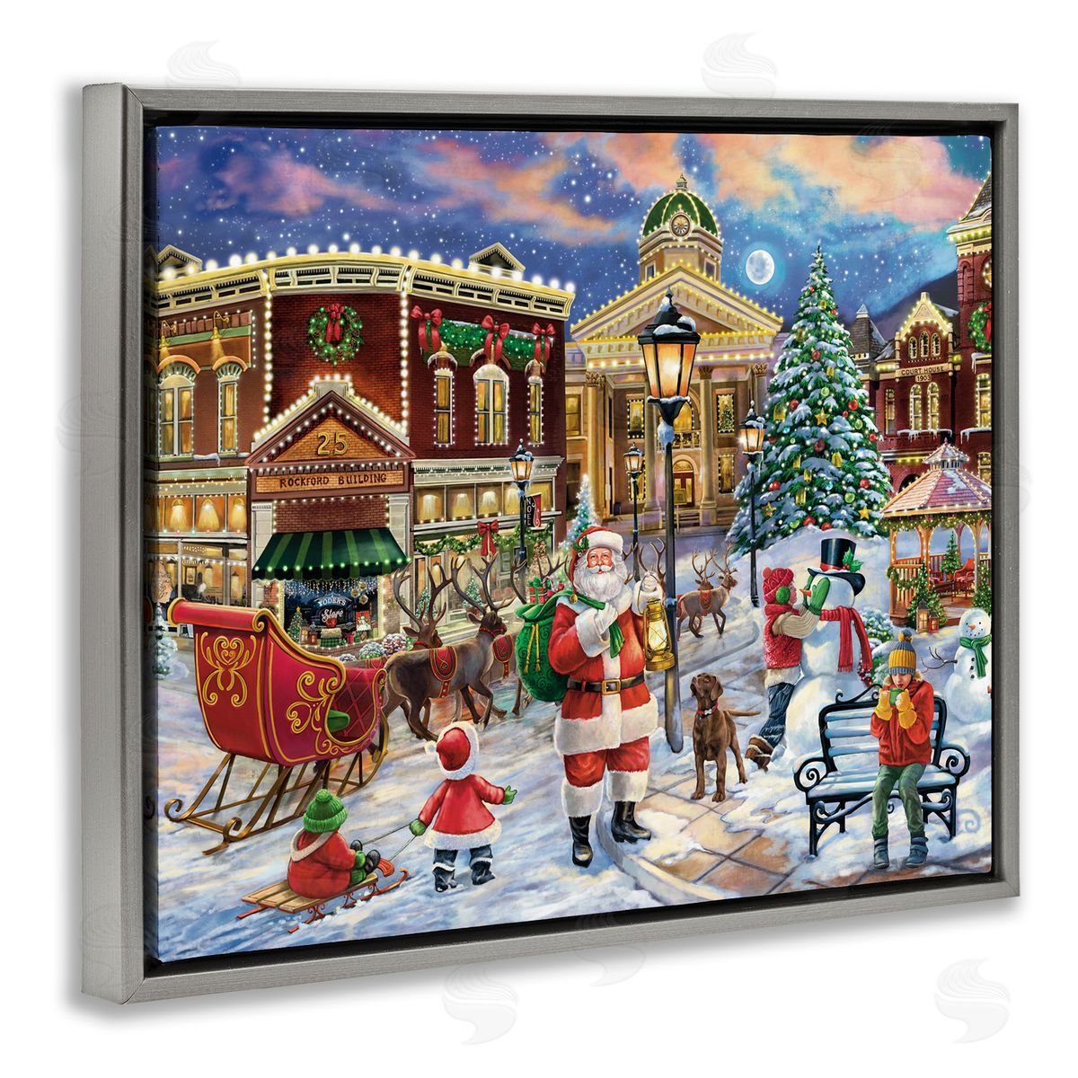 Santa in Town Square Grey Floating Frame Canvas Wall Art, Home Decor by Grateful Licensing Studio