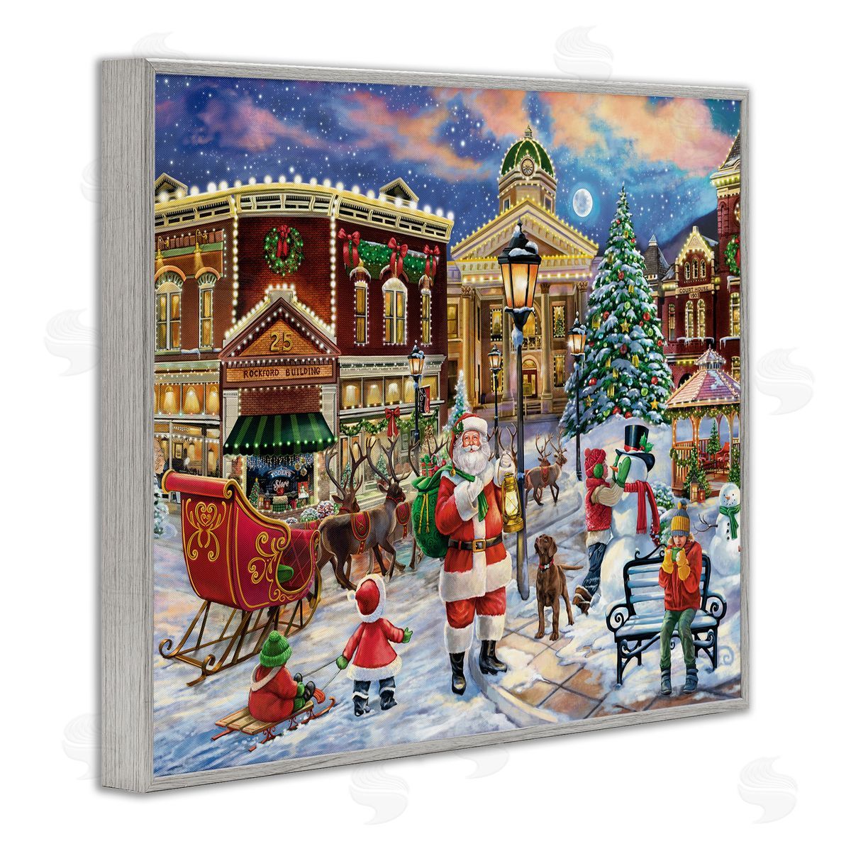 Santa in Town Square Grey Frame Print Wall Art, Home Decor by Grateful Licensing Studio
