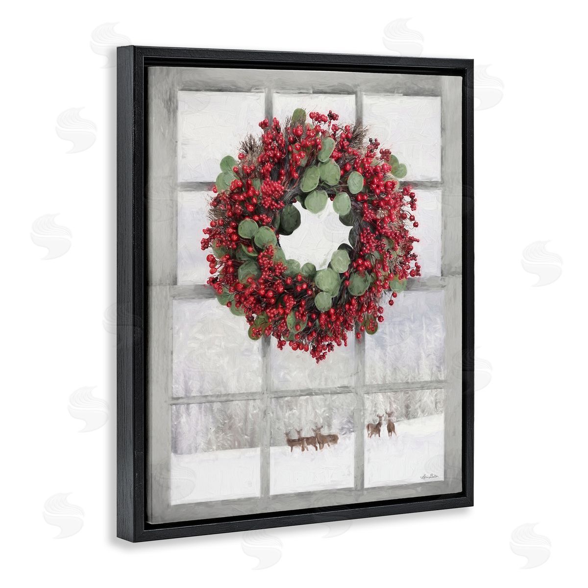 Holly Wreath and Reindeer Black Floating Frame Canvas Wall Art, Home Decor by Lori Deiter