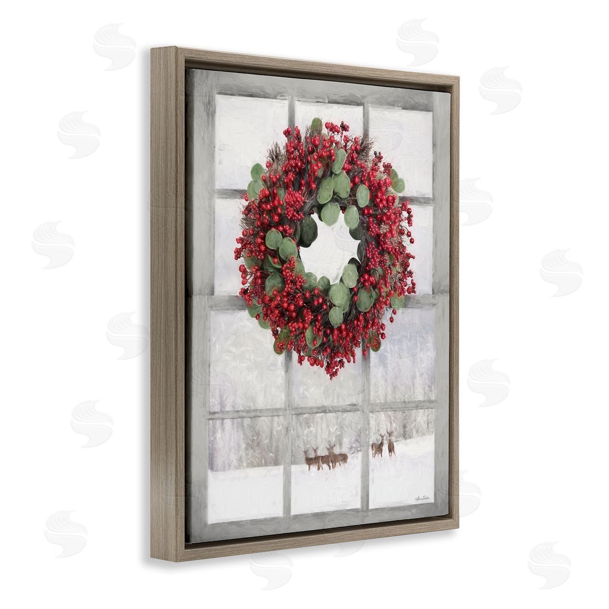 Holly Wreath and Reindeer Brown Floating Frame Canvas Wall Art, Home Decor by Lori Deiter