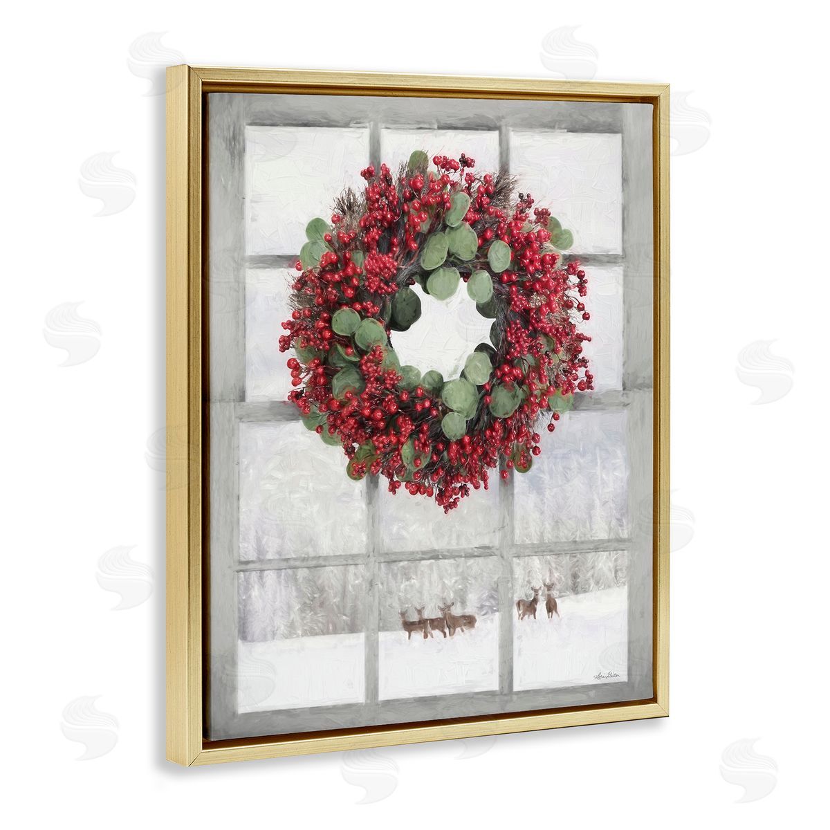 Holly Wreath and Reindeer Gold Floating Frame Canvas Wall Art, Home Decor by Lori Deiter