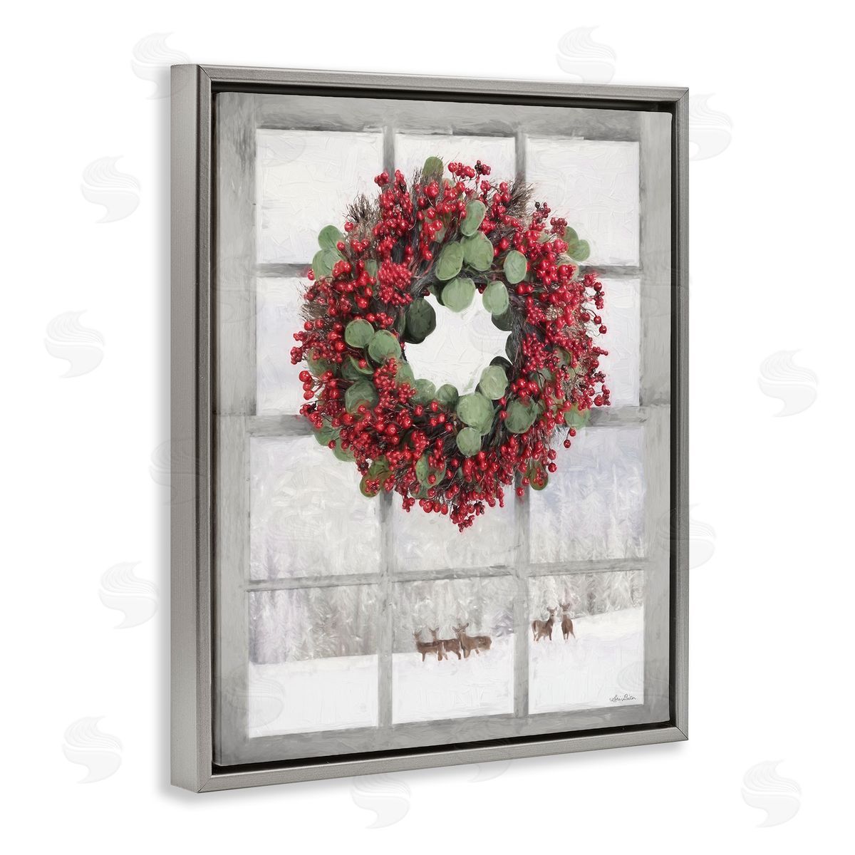 Holly Wreath and Reindeer Grey Floating Frame Canvas Wall Art, Home Decor by Lori Deiter