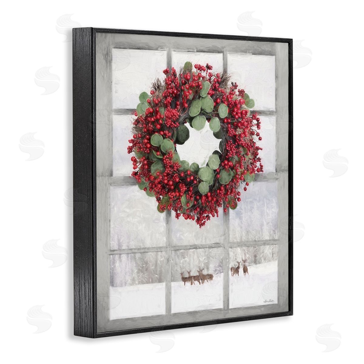 Holly Wreath and Reindeer Black Frame Print Wall Art, Home Decor by Lori Deiter