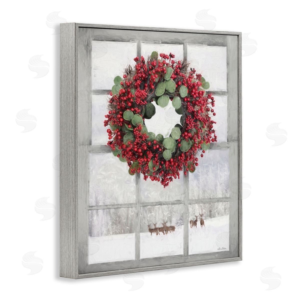 Holly Wreath and Reindeer Grey Frame Print Wall Art, Home Decor by Lori Deiter