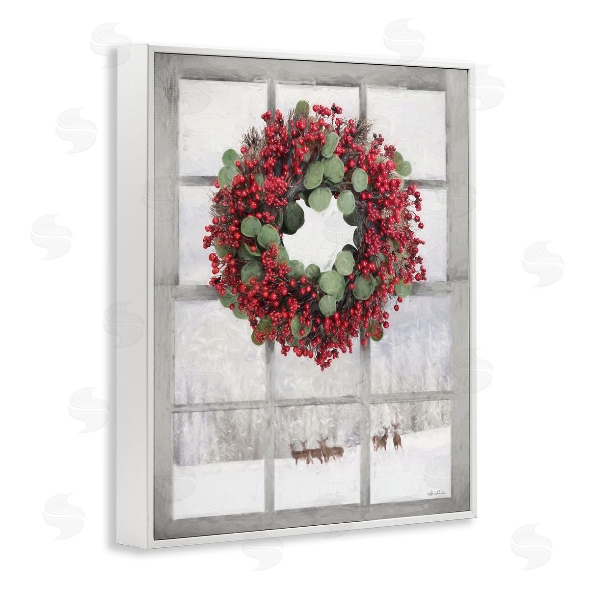 Holly Wreath and Reindeer White Frame Print Wall Art, Home Decor by Lori Deiter
