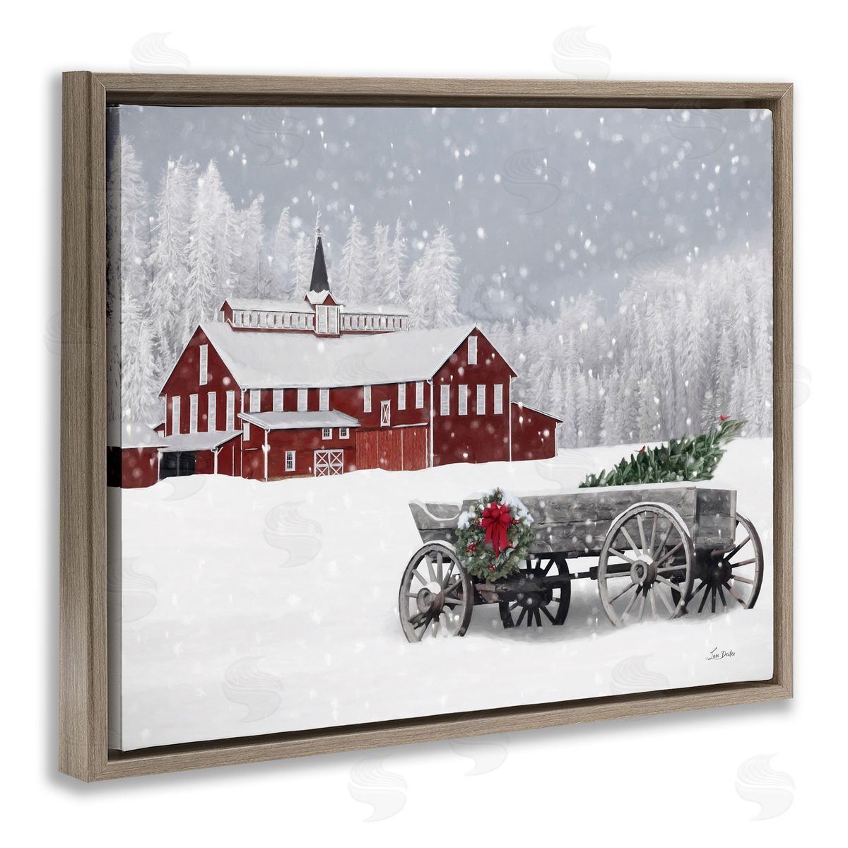 Winter Wagon Scene Brown Floating Frame Canvas Wall Art, Home Decor by Lori Deiter