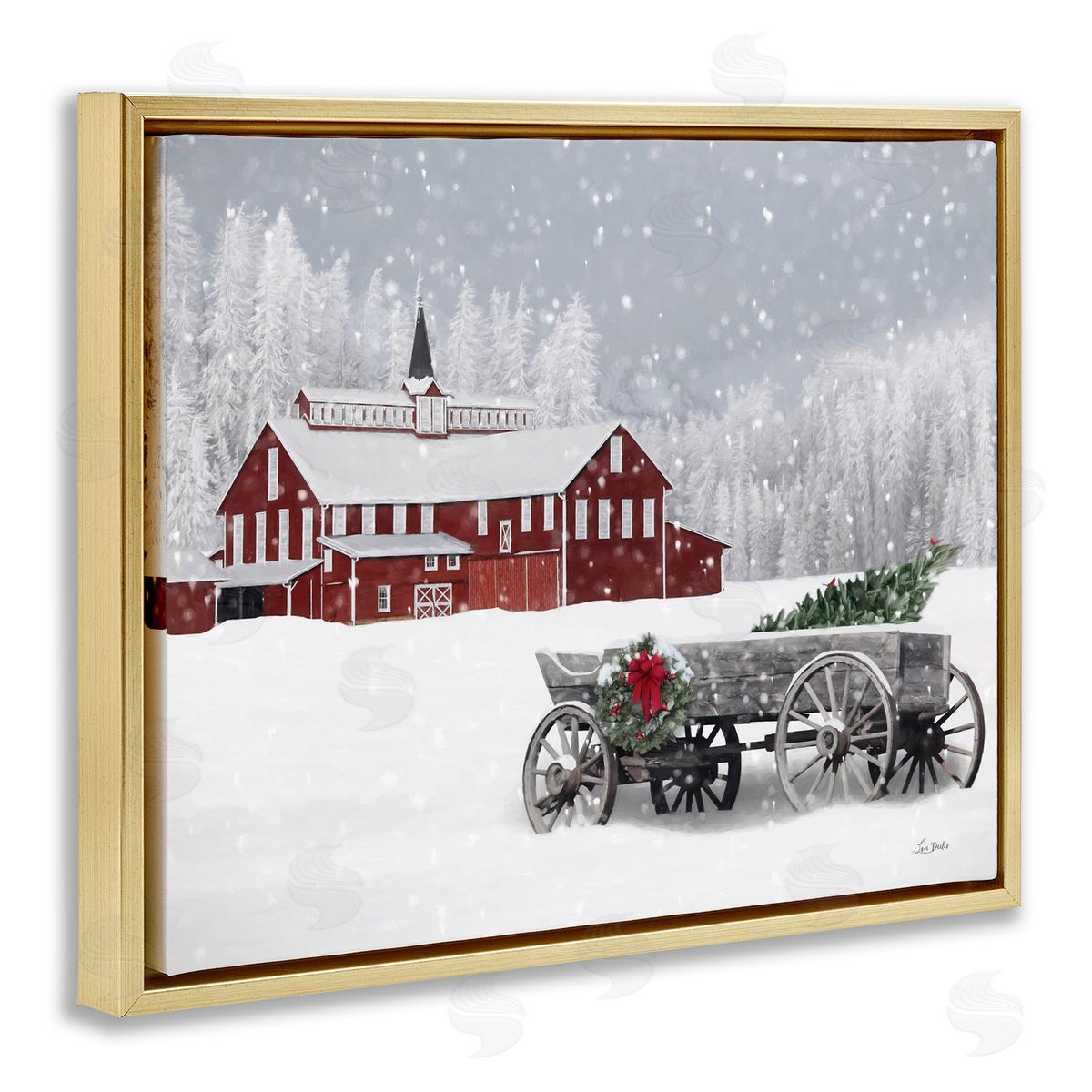 Winter Wagon Scene Gold Floating Frame Canvas Wall Art, Home Decor by Lori Deiter