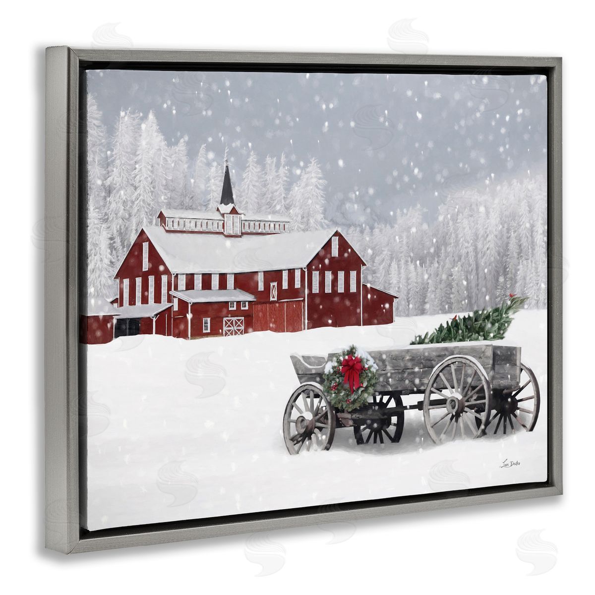 Winter Wagon Scene Grey Floating Frame Canvas Wall Art, Home Decor by Lori Deiter