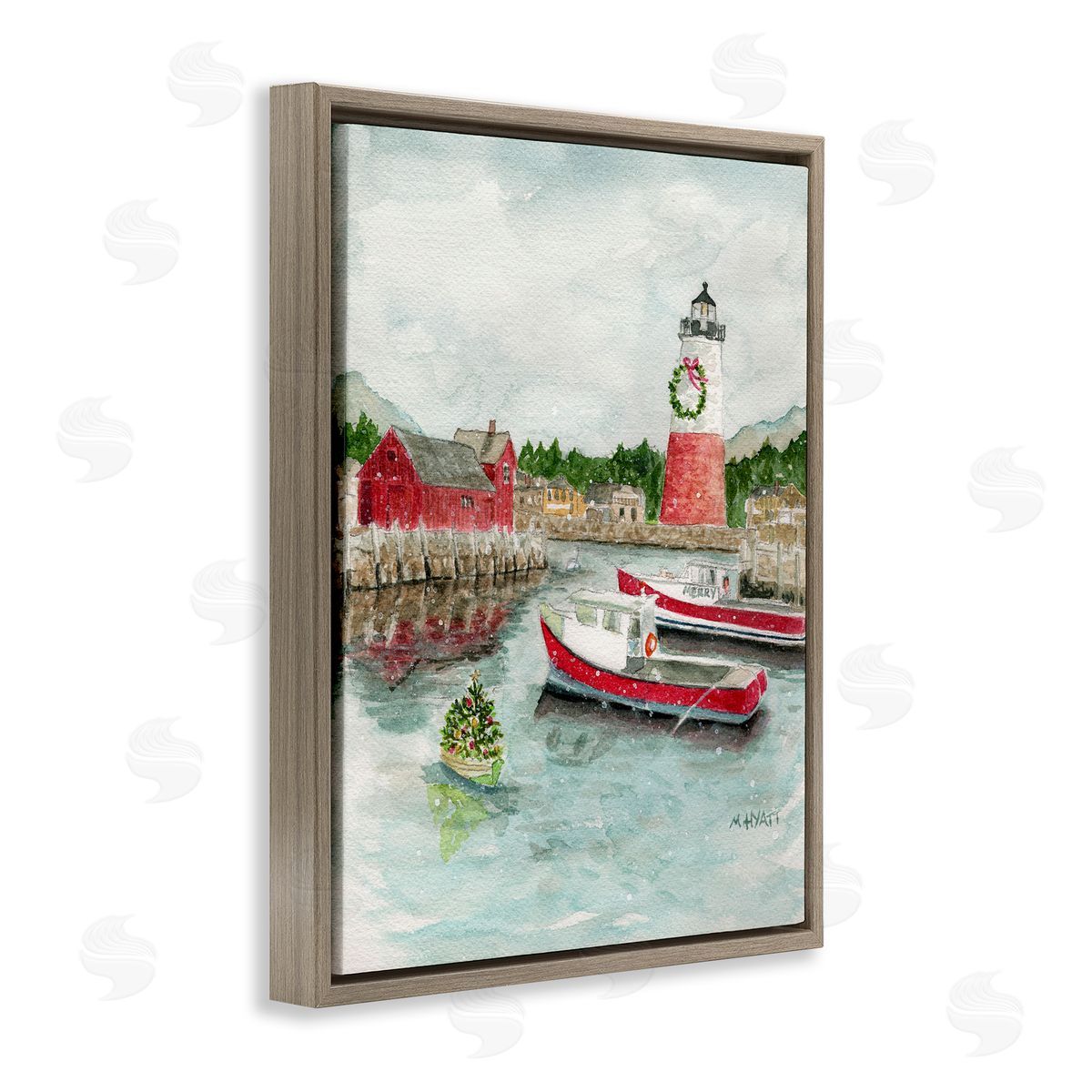Coastal Christmas Harbour Brown Floating Frame Canvas Wall Art, Home Decor by Melissa Hyatt