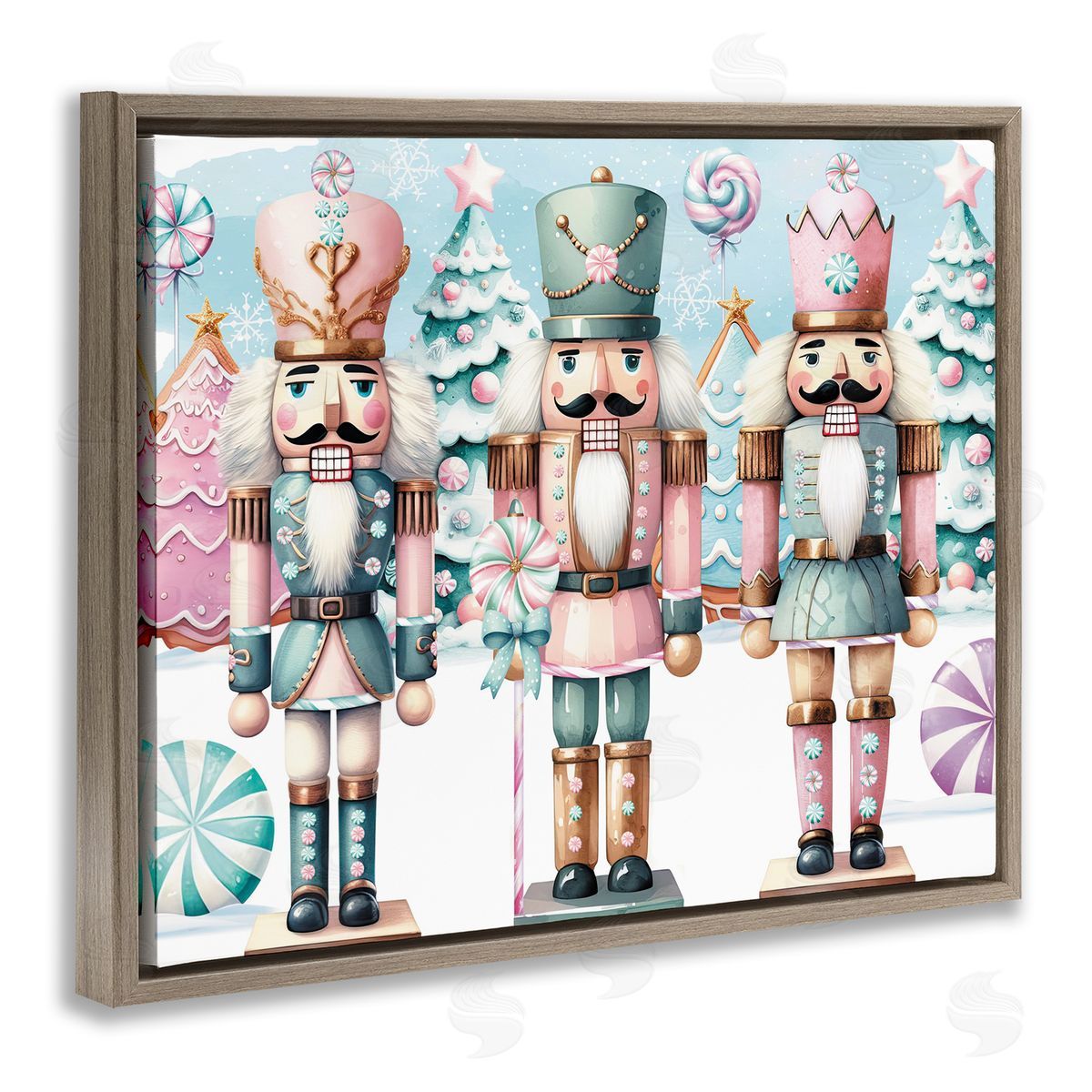 Pastel Nutcracker Trio Brown Floating Frame Canvas Wall Art, Home Decor by Nicole DeCamp