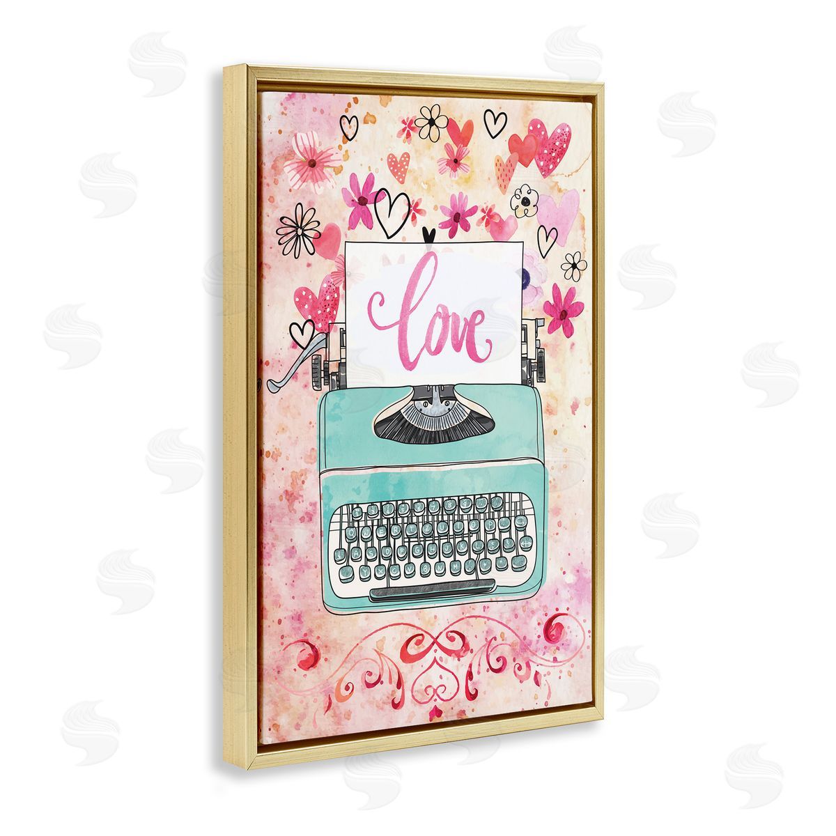 Romantic Love Typewriter Gold Floating Frame Canvas Wall Art, Home Decor by Nicole DeCamp