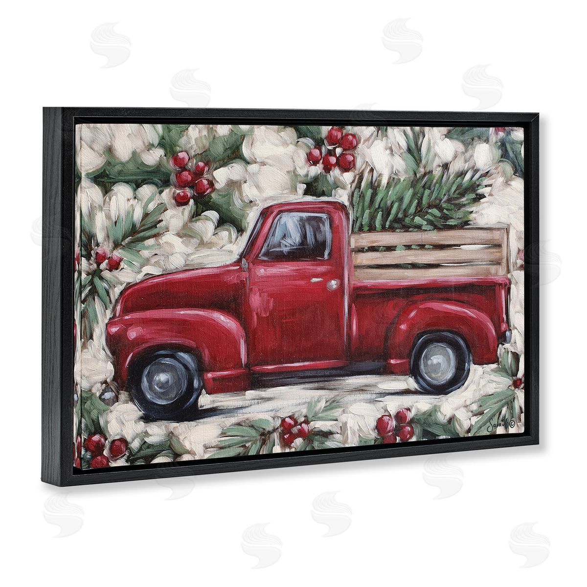 Pickup and Festive Holly Black Floating Frame Canvas Wall Art, Home Decor by Sara G. Designs