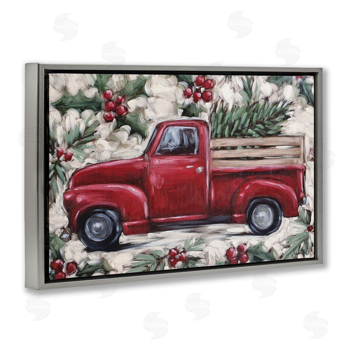 Pickup and Festive Holly Grey Floating Frame Canvas Wall Art, Home Decor by Sara G. Designs