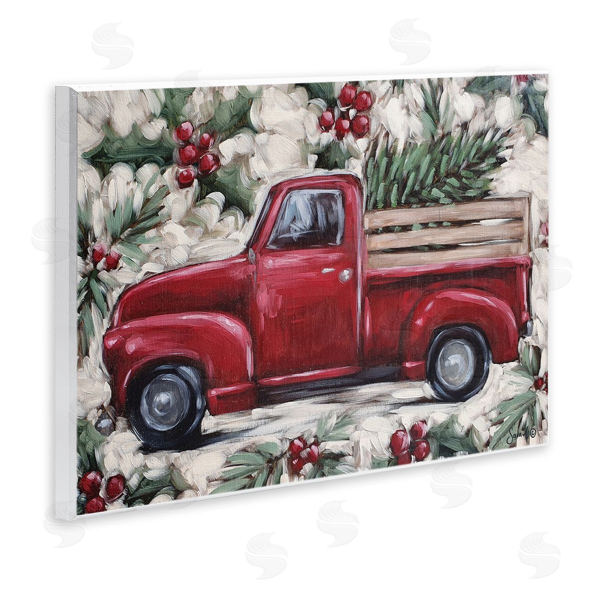 Pickup and Festive Holly Wood Plaque Wall Art, Home Decor by Sara G. Designs