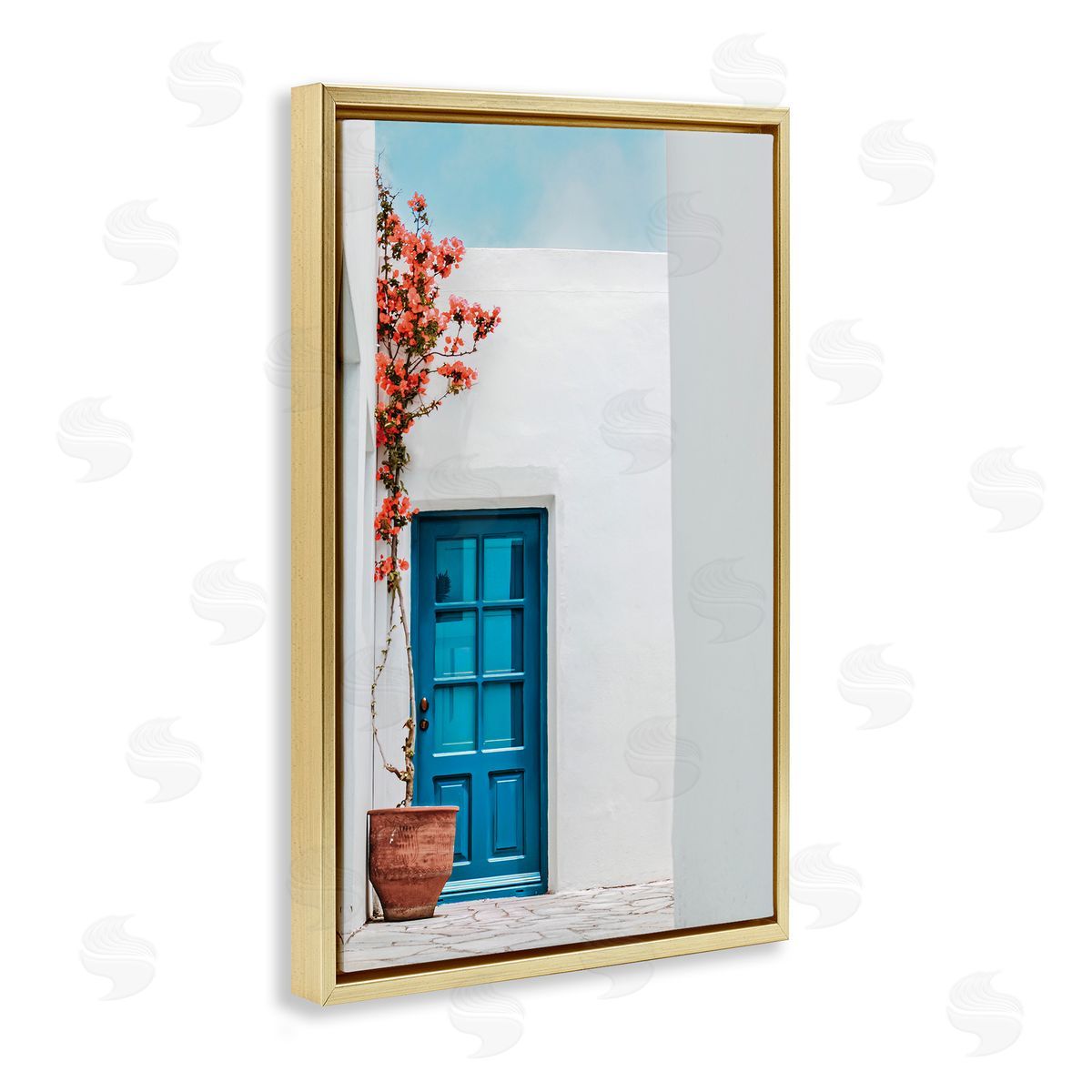 Blue Villa Door Gold Floating Frame Canvas Wall Art, Home Decor by Erin Marie