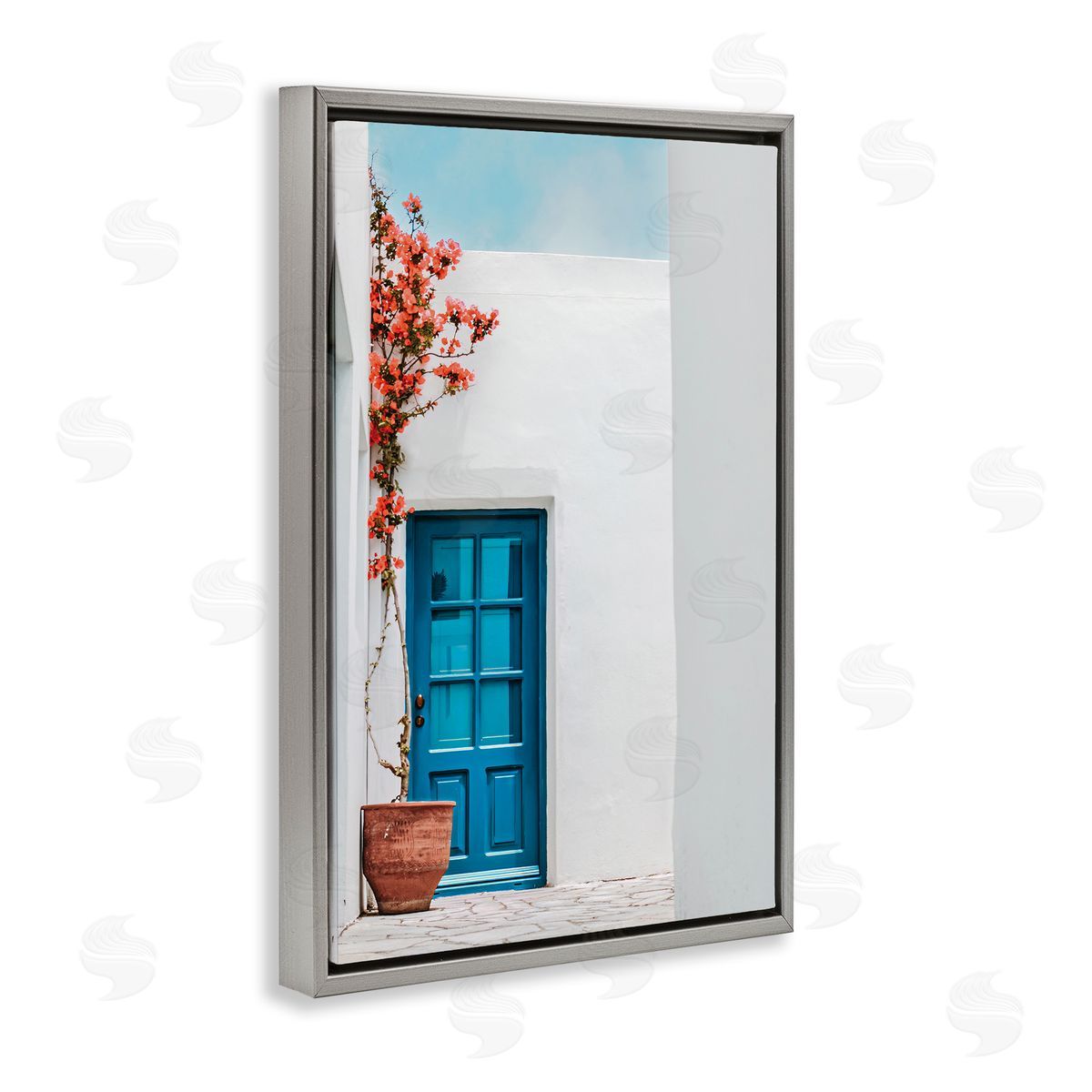Blue Villa Door Grey Floating Frame Canvas Wall Art, Home Decor by Erin Marie