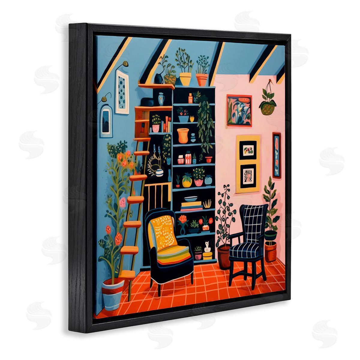 Lazar Studio Bookshelf Scene & Plants Black Floating Frame Canvas Wall Art Print