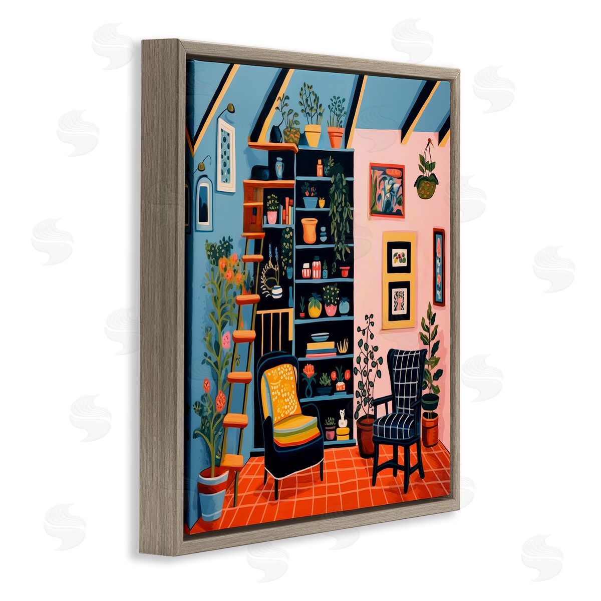 Lazar Studio Bookshelf Scene & Plants Brown Floating Frame Canvas Wall Art Print