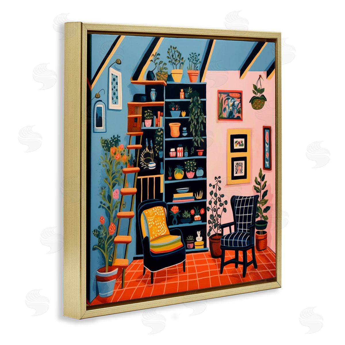 Lazar Studio Bookshelf Scene & Plants Gold Floating Frame Canvas Wall Art Print