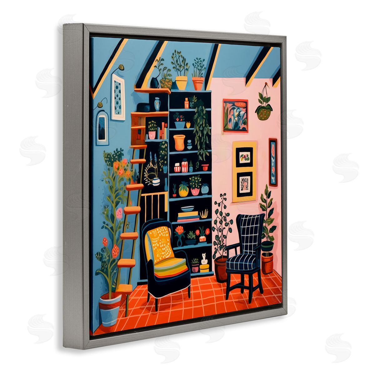 Lazar Studio Bookshelf Scene & Plants Gray Floating Frame Canvas Wall Art Print