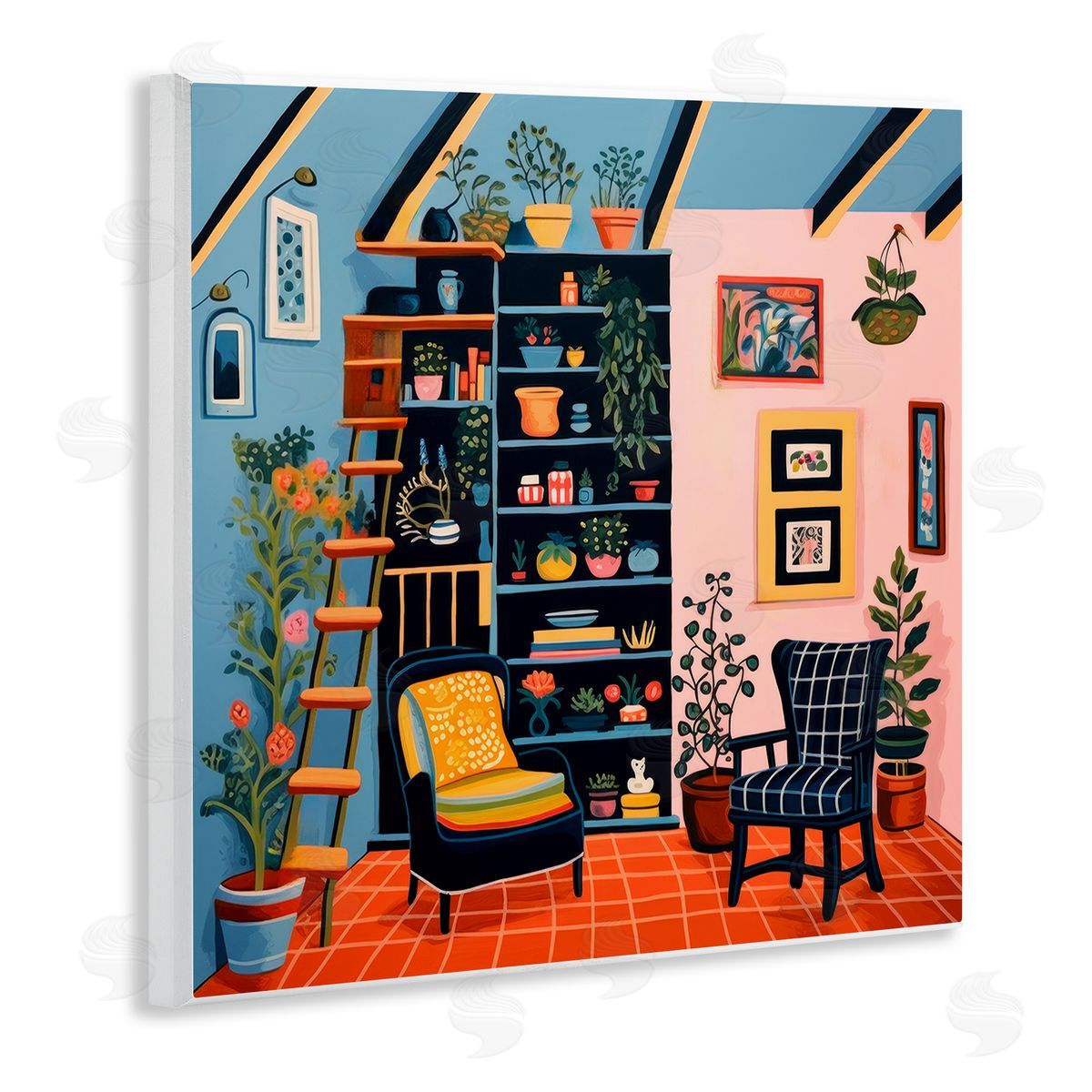 Lazar Studio Bookshelf Scene & Plants Wooden Wall Plaque Art Print