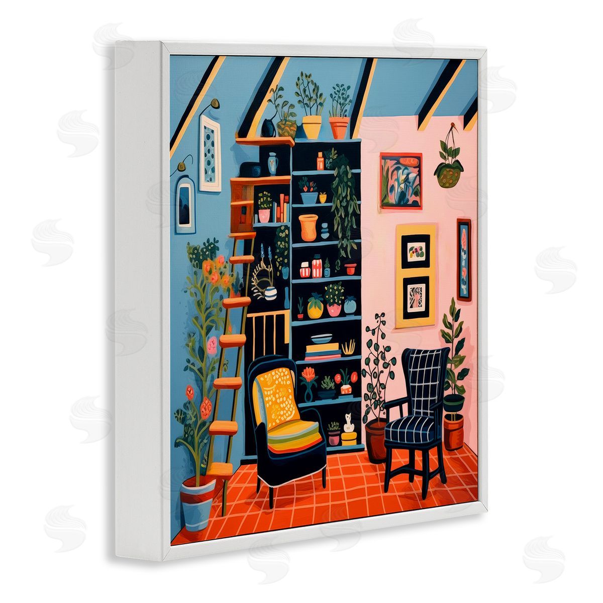 Lazar Studio Bookshelf Scene & Plants White Framed Giclee Wall Art Print