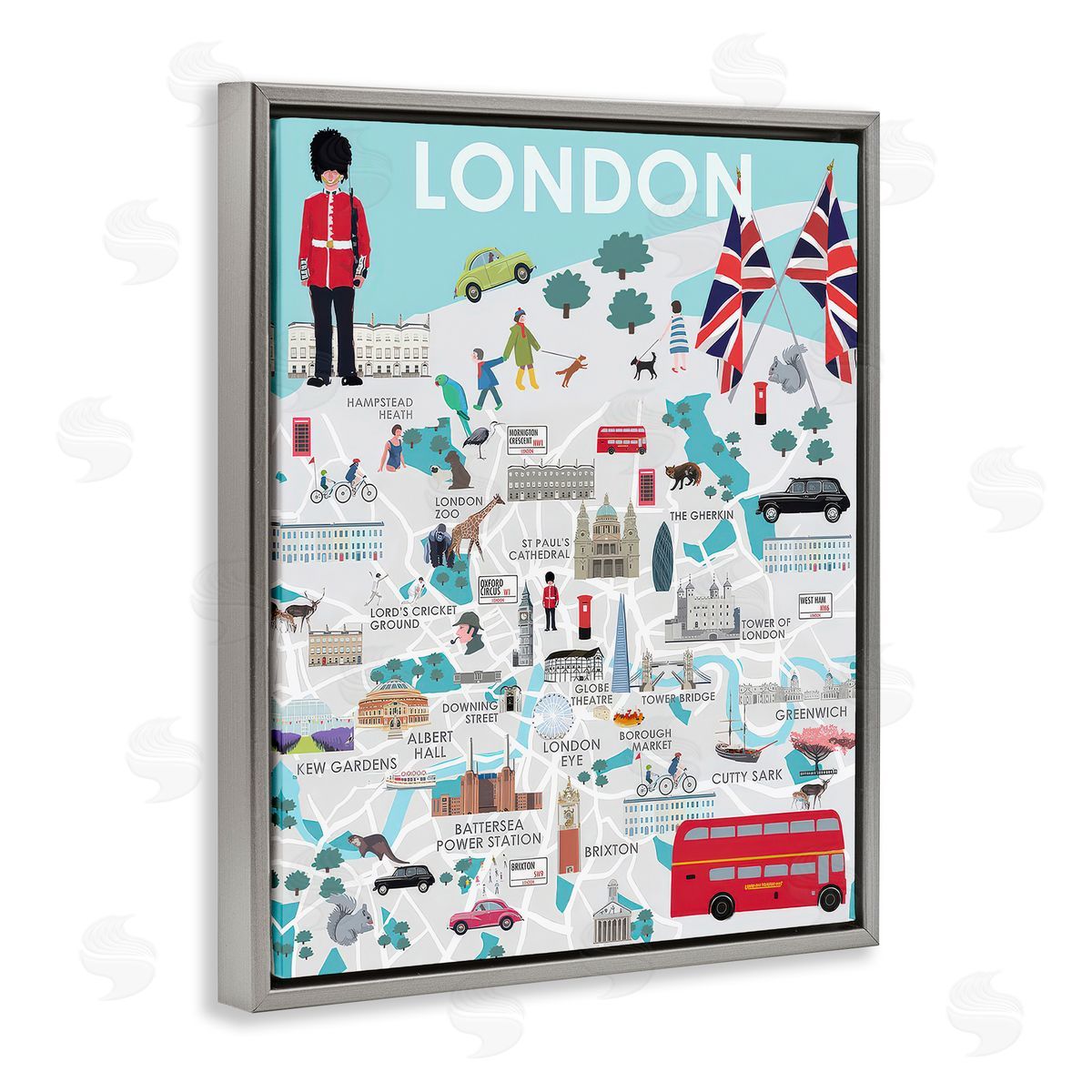 Betty Boynes London Landmark Map Gray Floating Frame Canvas Wall Art Print