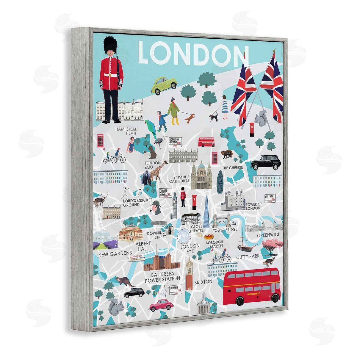 Betty Boynes London Landmark Map Gray Framed Giclee Wall Art Print