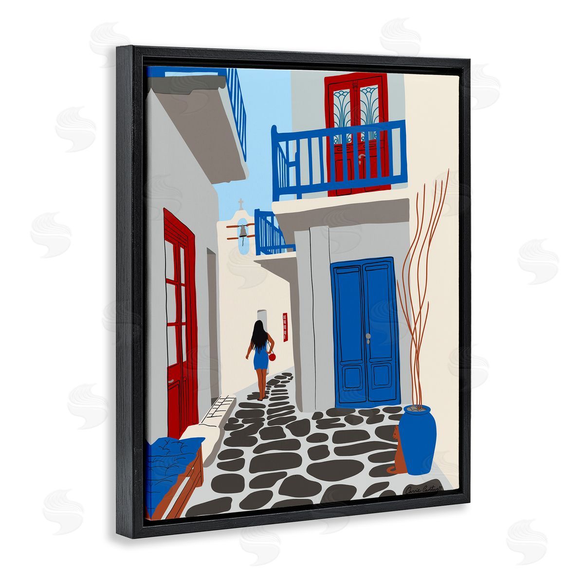 Carrie Cantwell Mykonos City Alley Black Floating Frame Canvas Wall Art Print