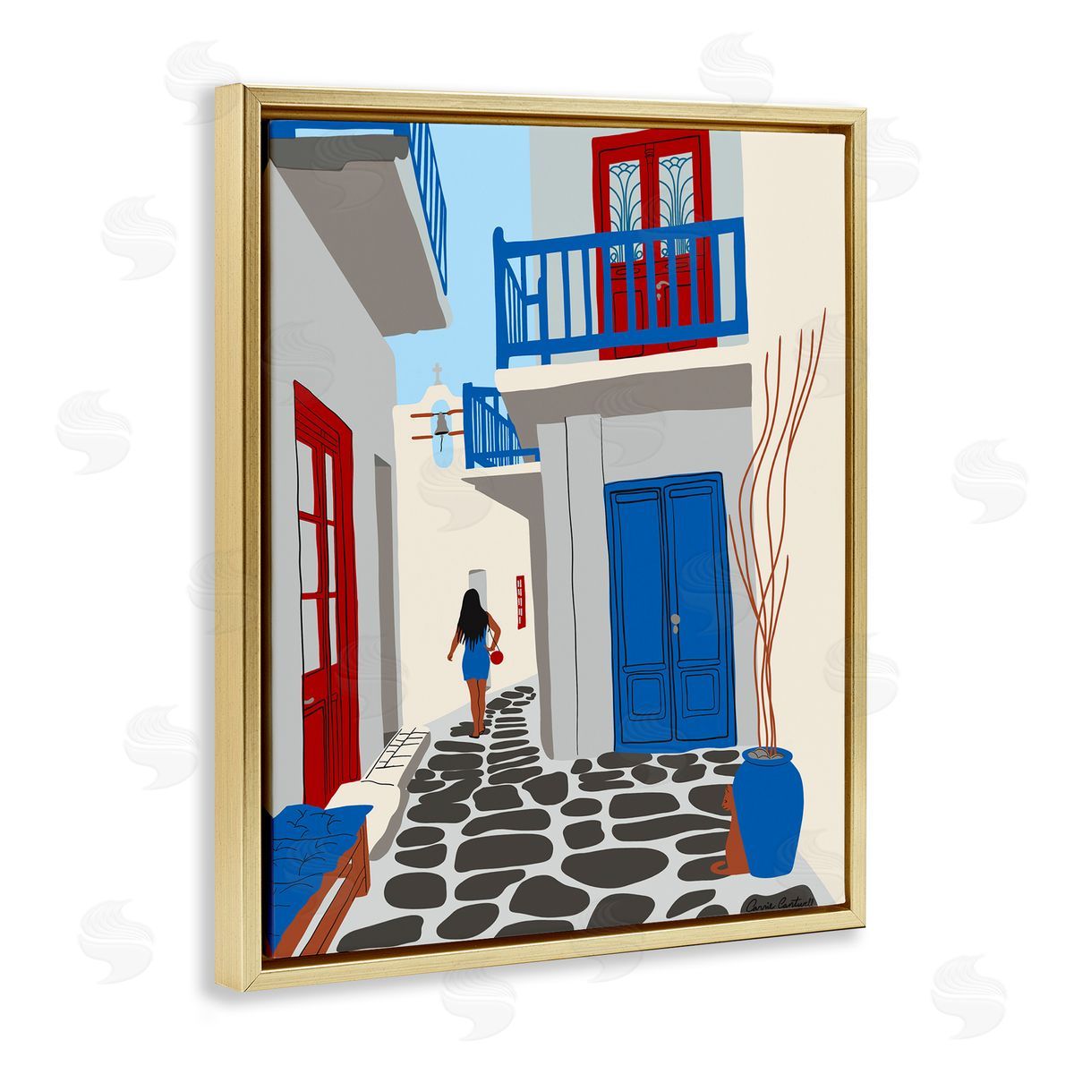 Carrie Cantwell Mykonos City Alley Gold Floating Frame Canvas Wall Art Print