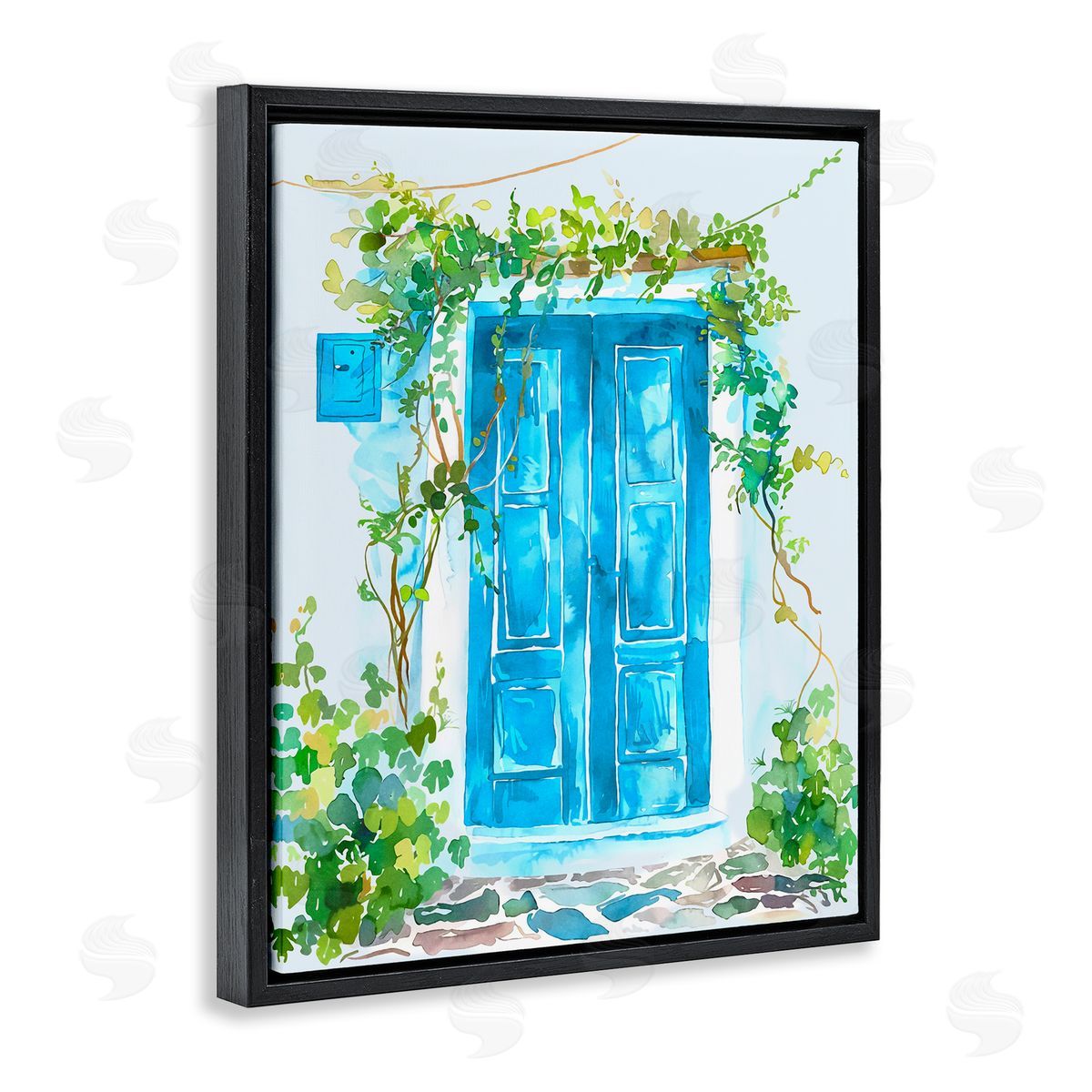 Blue Vine Covered Door Black Floating Frame Canvas Wall Art, Home Decor by Andrea Haase