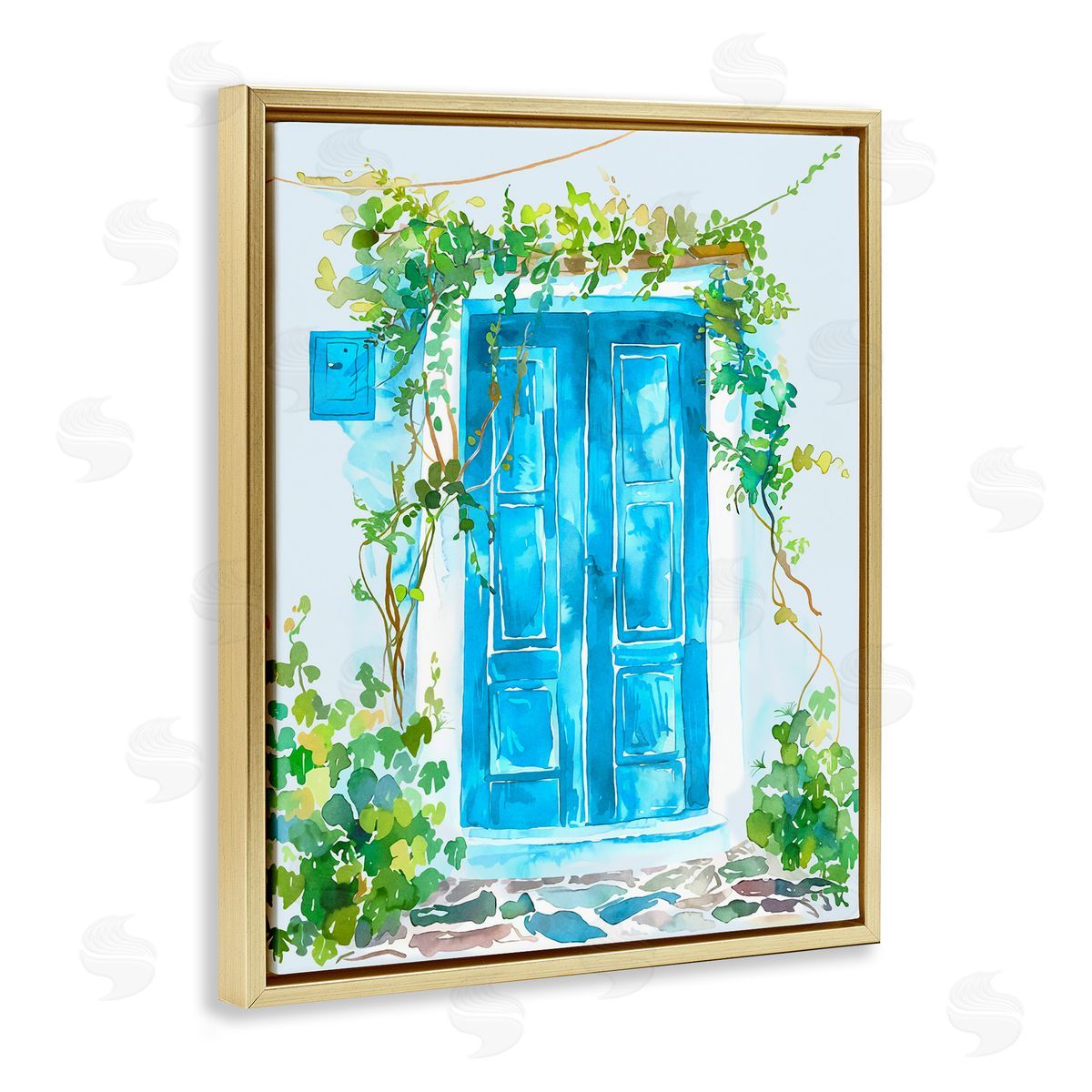 Blue Vine Covered Door Gold Floating Frame Canvas Wall Art, Home Decor by Andrea Haase