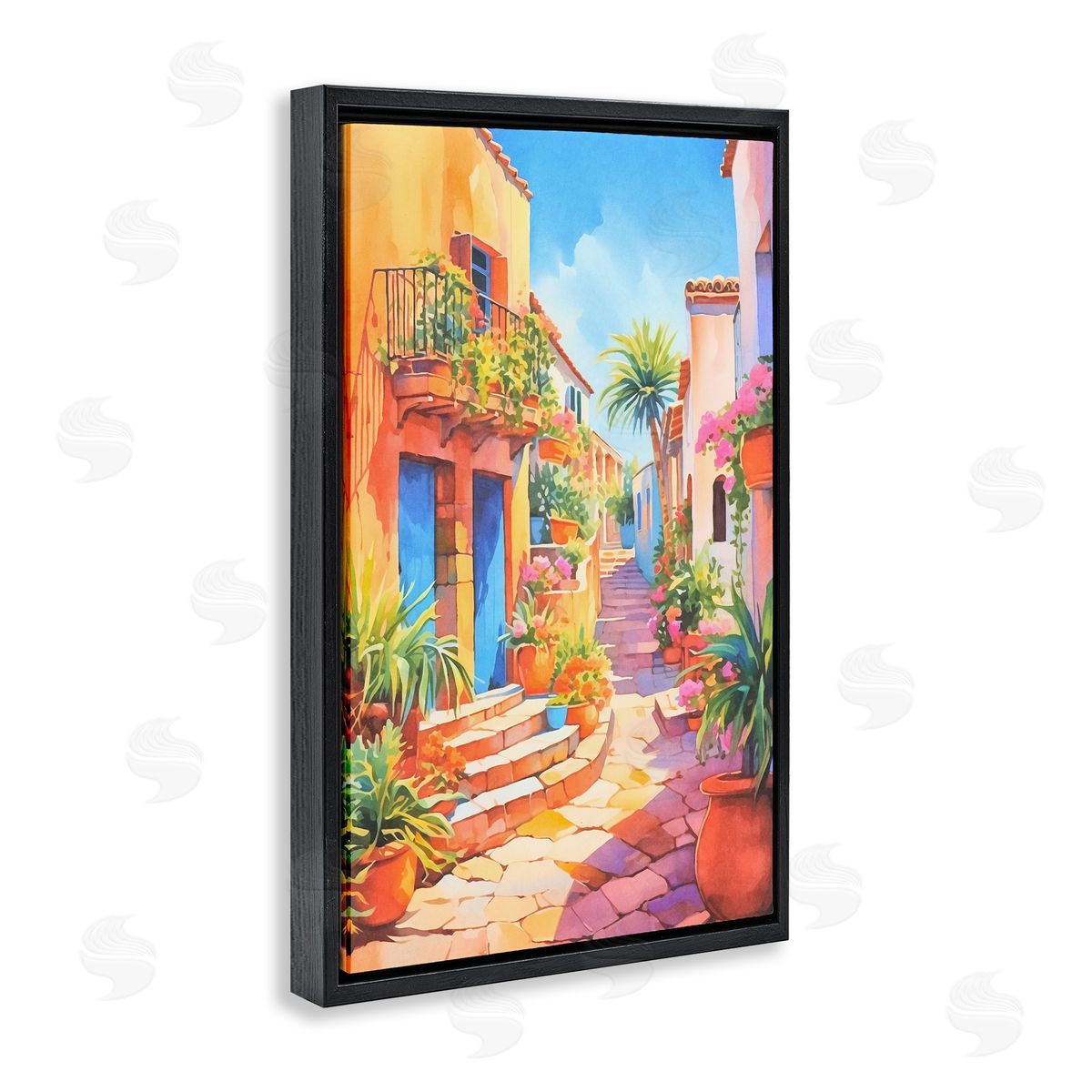 Bright Mediterranean City Black Floating Frame Canvas Wall Art, Home Decor by Andrea Haase