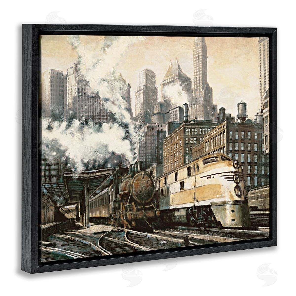 Urban Steam Train Black Floating Frame Canvas Wall Art, Home Decor by Matthew Daniels